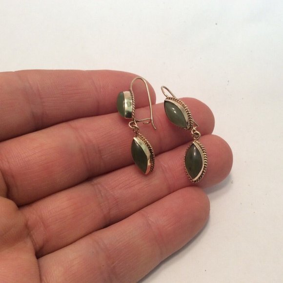 14k Real Yellow Gold Natural Jade Drop Hanging Lady Earrings 3.70gr - Picture 6 of 8